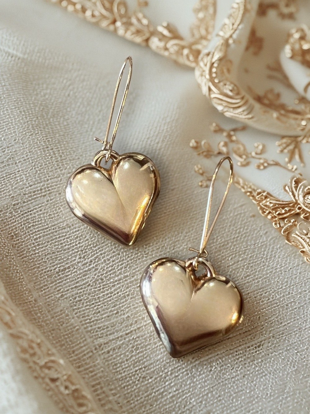 Vintage Gold Toned Puffy Heart Dangle Earrings - Women's Jewelry